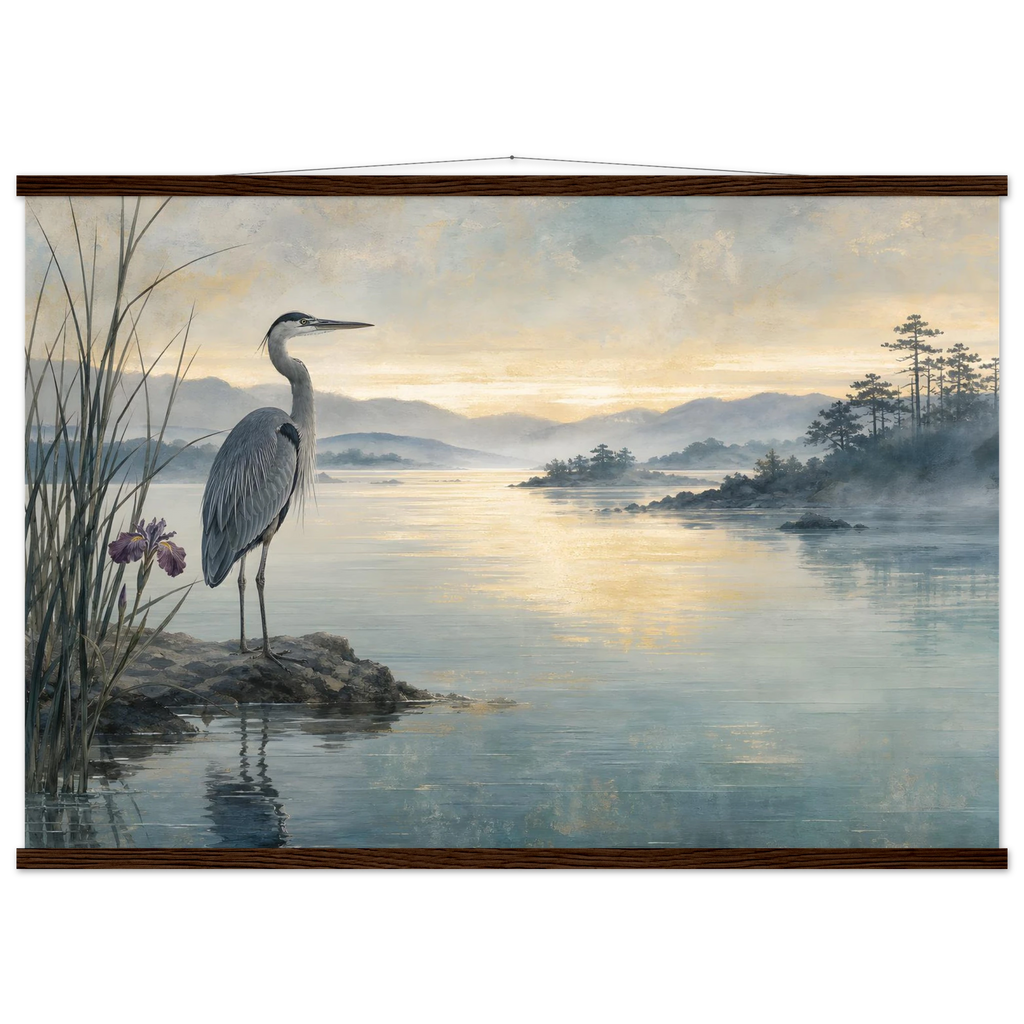 Heron at Dawn: japanese art and japandi. Fine art poster by The Light Stays.