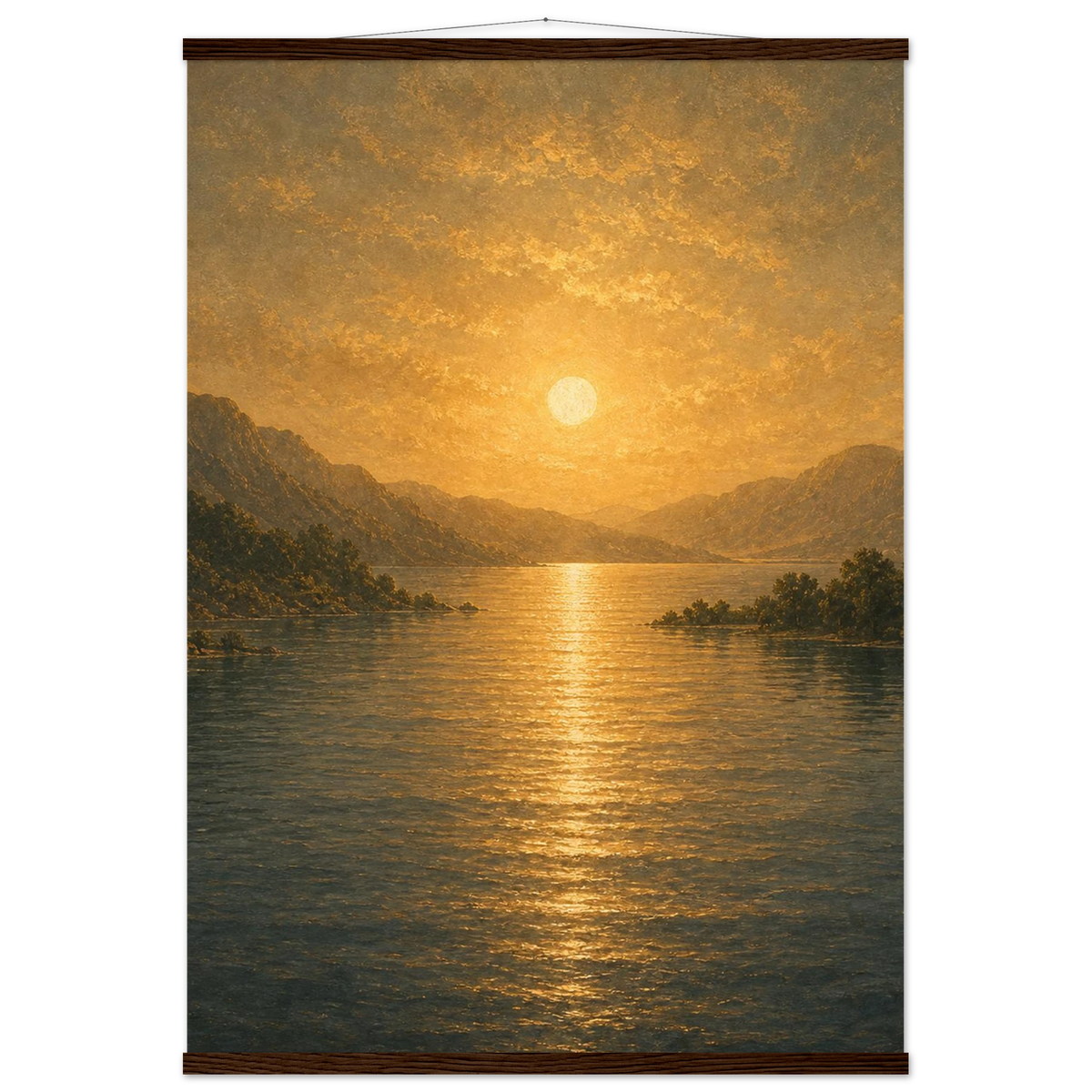 Golden Reflection: lake, sunset and mountains. Fine art poster with wooden hanger by The Light Stays.