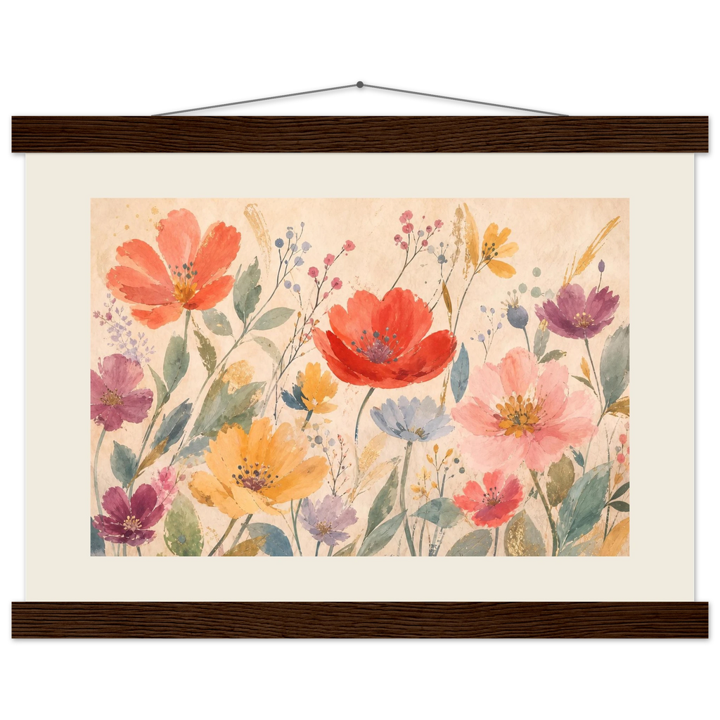Floral Rhythm, flowers and botanical. Archival fine art poster shown framed.
