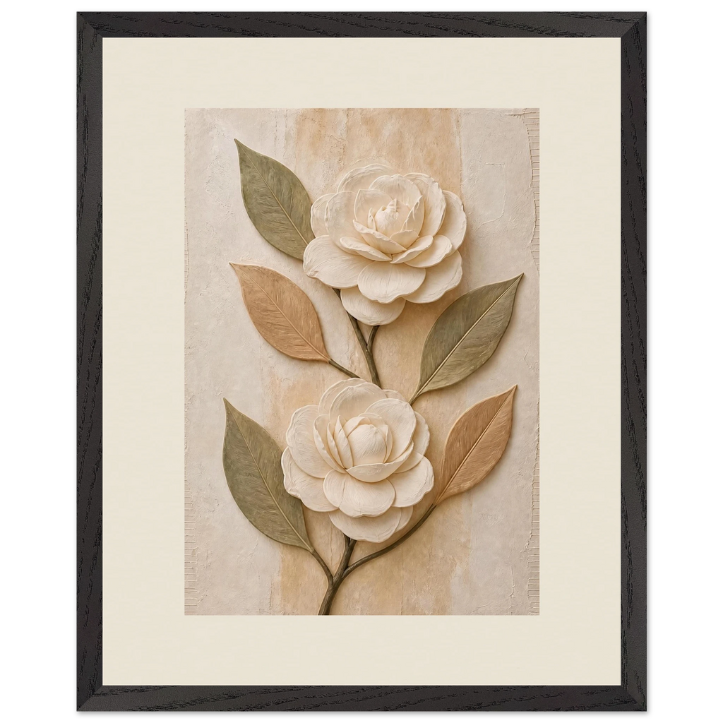 Carved Camellia, flowers and botanical. Archival framed fine art print shown framed.