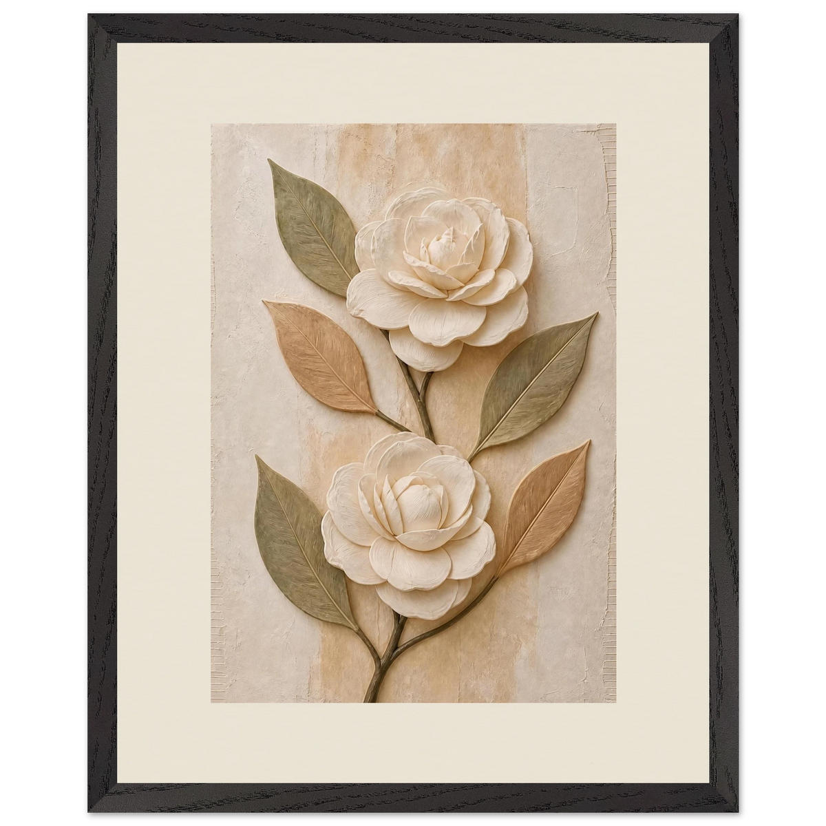 Carved Camellia, flowers and botanical. Archival framed fine art print shown framed.