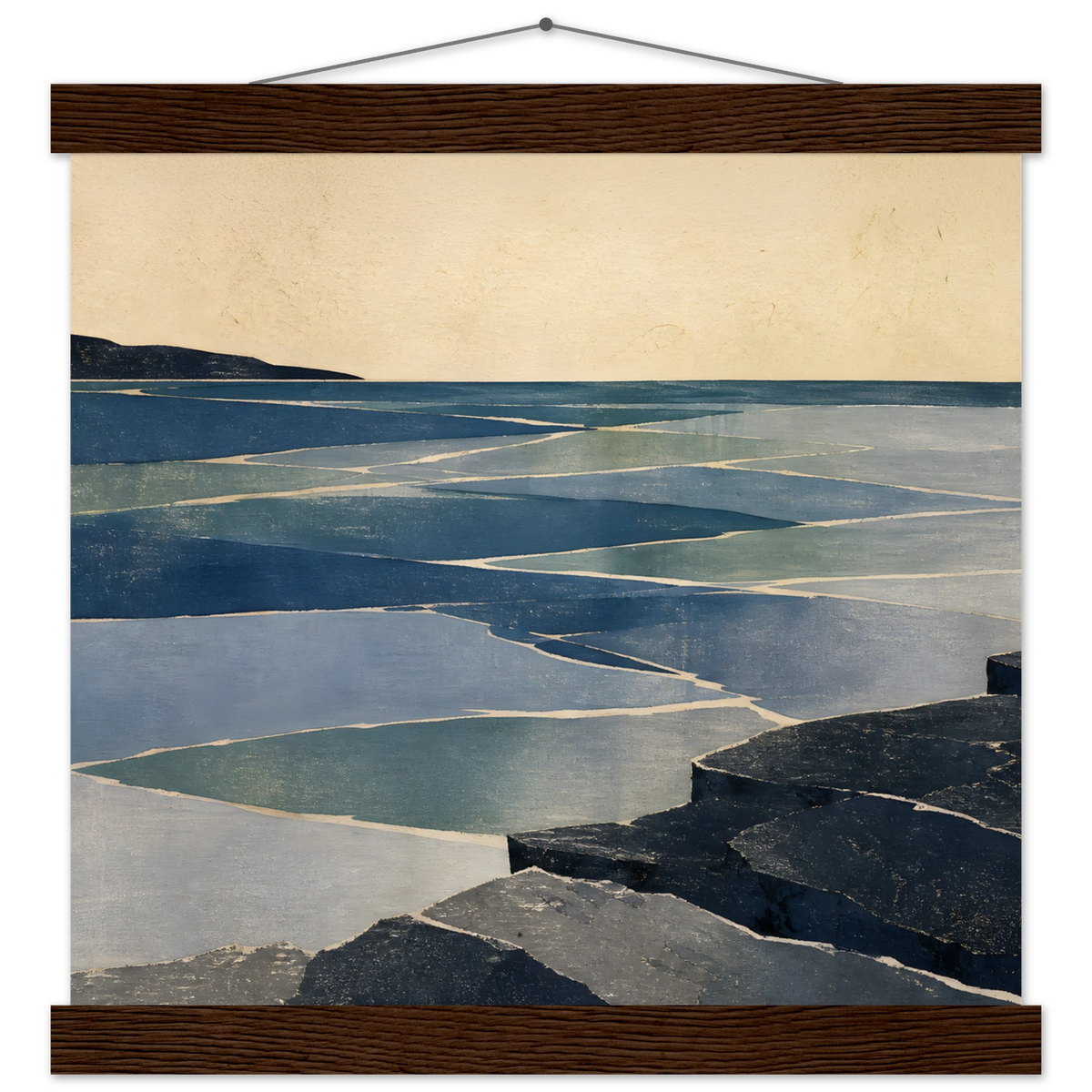 Indigo Tide: coastal landscape, jade water and japandi. Fine art poster with wooden hanger by The Light Stays.