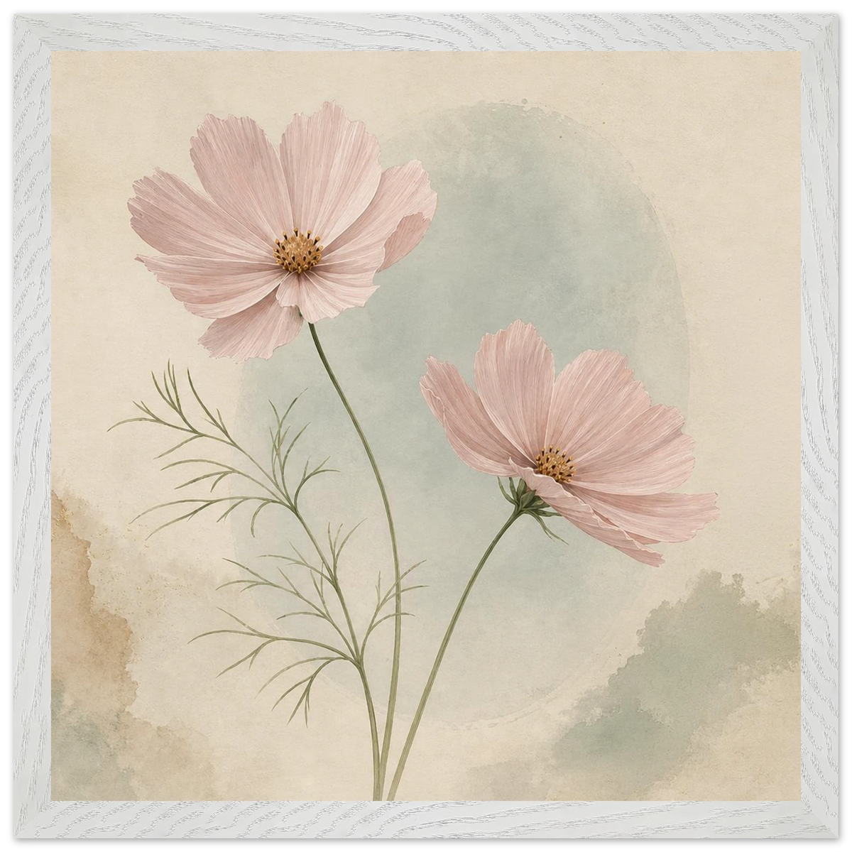Cosmos Unison: flowers, blush and celadon. Framed fine art print by The Light Stays.