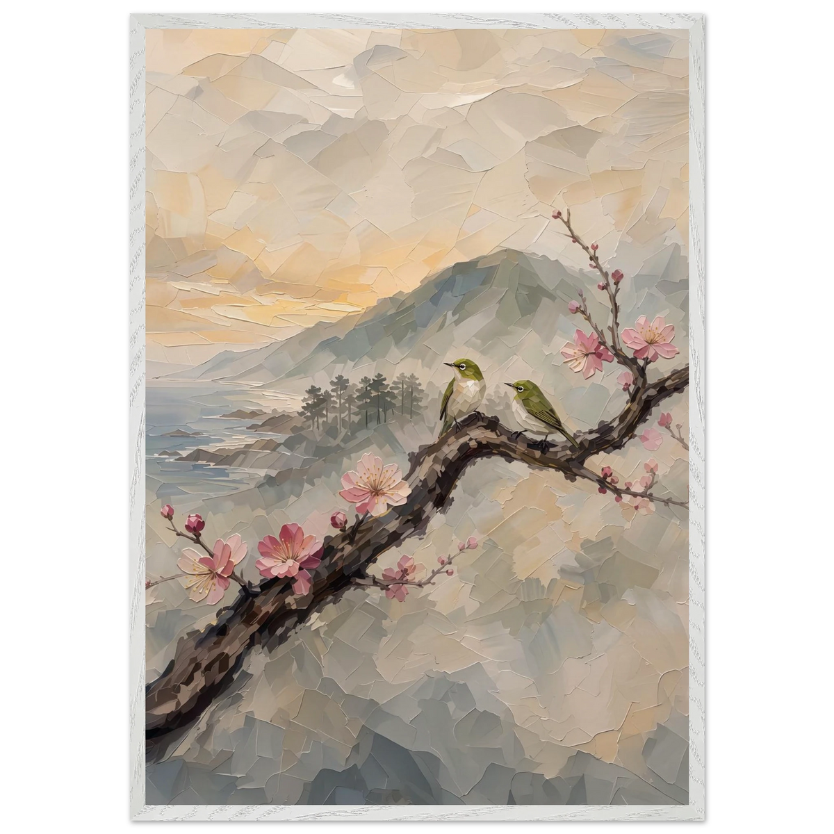 Plum Branch Pair: birds, japanese landscape and japandi. Framed fine art print by The Light Stays.