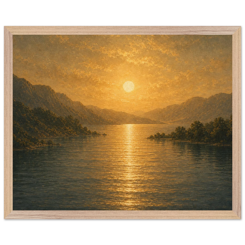Quadro emoldurado Reflexo Dourado, lago e montanhas sob luz dourada