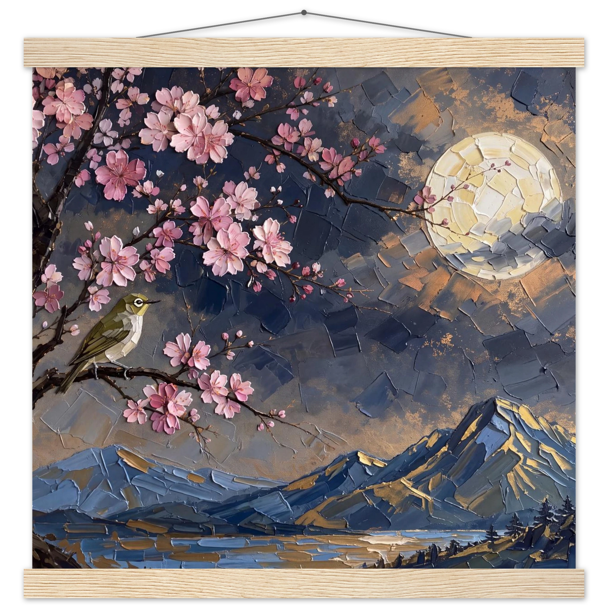 Blossom Moon: cherry blossom, japanese landscape and night. Fine art poster with wooden hanger by The Light Stays.