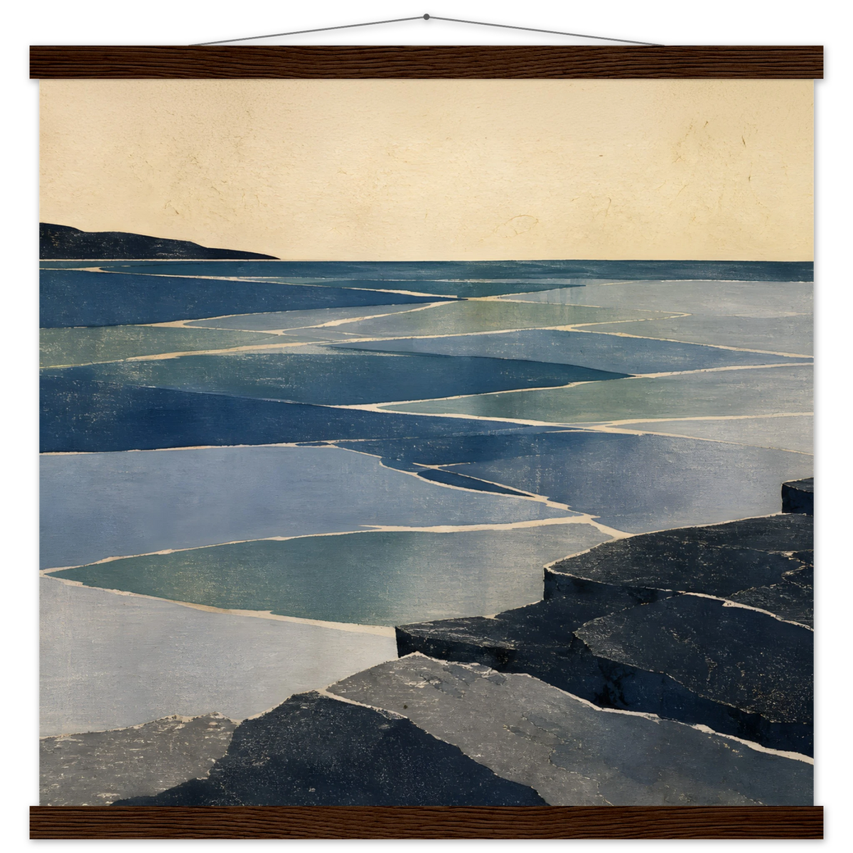 Indigo Tide: coastal landscape, jade water and japandi. Fine art poster with wooden hanger by The Light Stays.