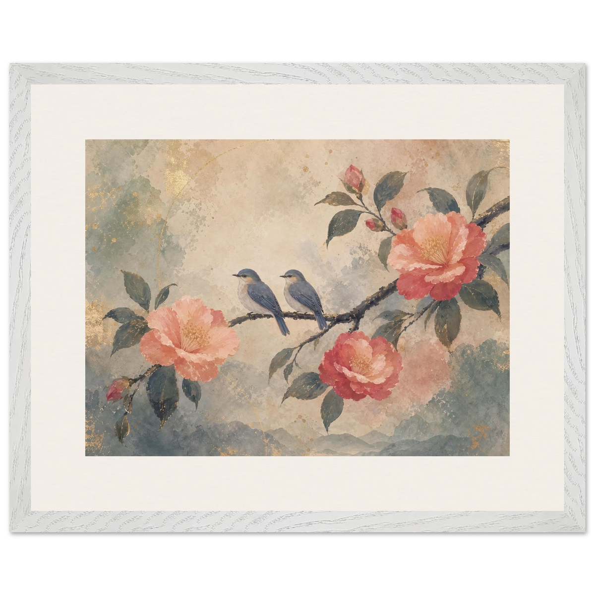 Camellia Birds: flowers and botanical. Framed fine art print by The Light Stays.