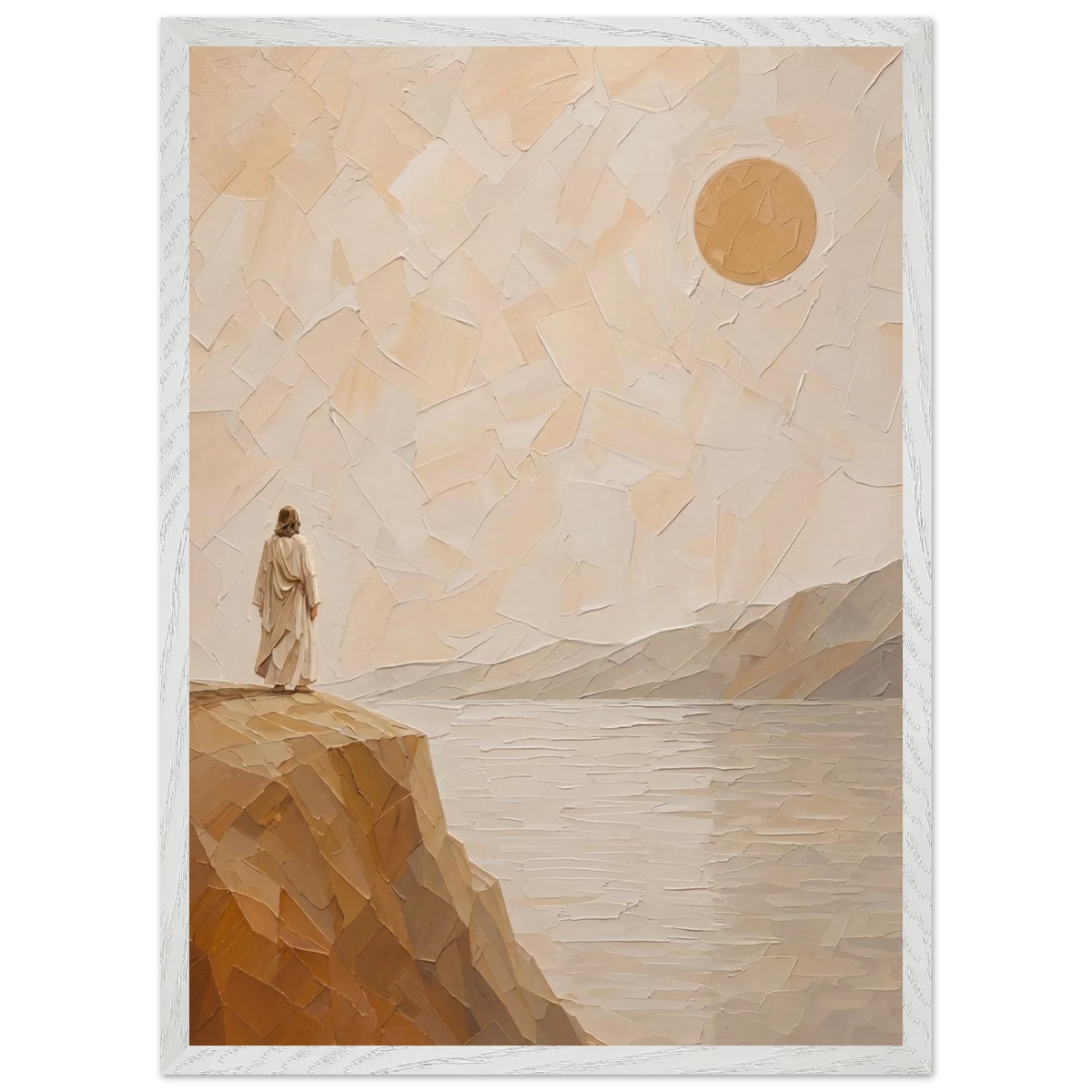 Salt Shore: jesus, cliff and sea. Framed fine art print by The Light Stays.