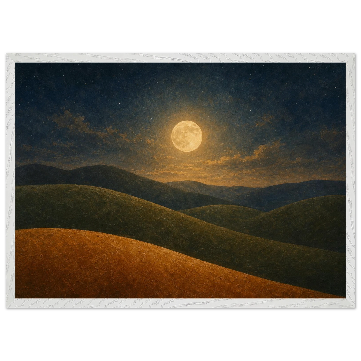Moon Hills: night, minimalist landscape and charcoal. Framed fine art print by The Light Stays.