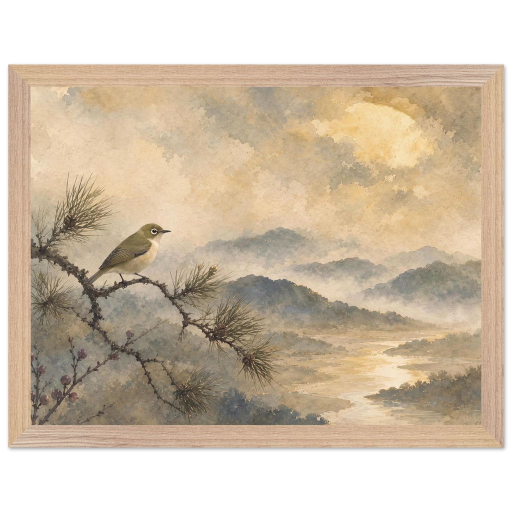 Golden Moon Bird: japanese art and japandi. Framed fine art print, alternate frame and size.