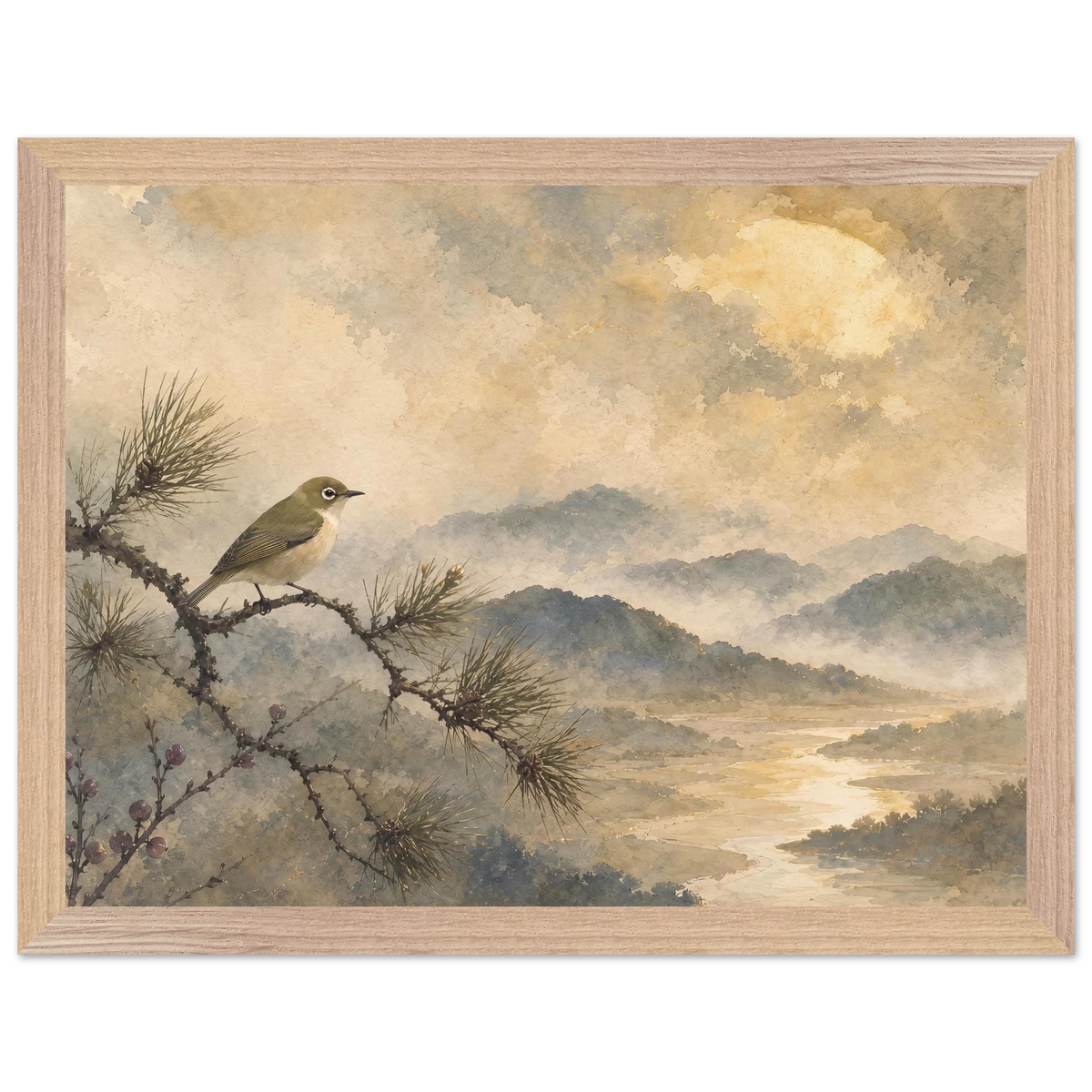 Golden Moon Bird: japanese art and japandi. Framed fine art print, alternate frame and size.
