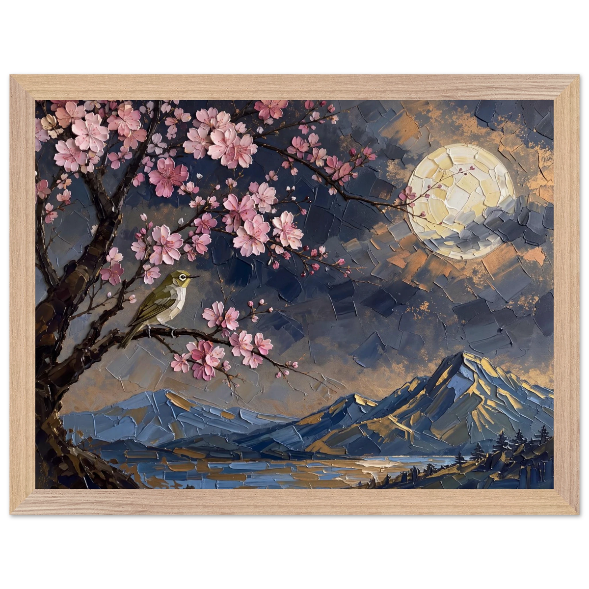 Blossom Moon: cherry blossom, japanese landscape and night. Framed fine art print by The Light Stays.