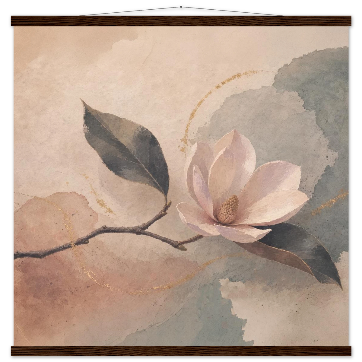 Magnolia Reverie: botanical, sage and japandi. Fine art poster with wooden hanger by The Light Stays.