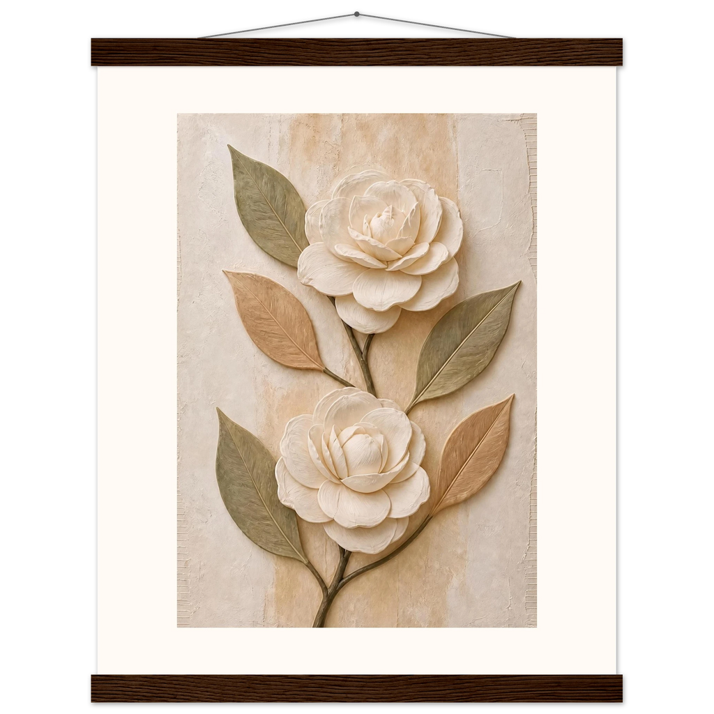 Carved Camellia: flowers and botanical. Museum-quality fine art poster.
