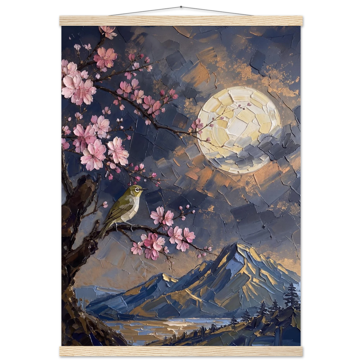 Blossom Moon: cherry blossom, japanese landscape and night. Fine art poster with wooden hanger by The Light Stays.