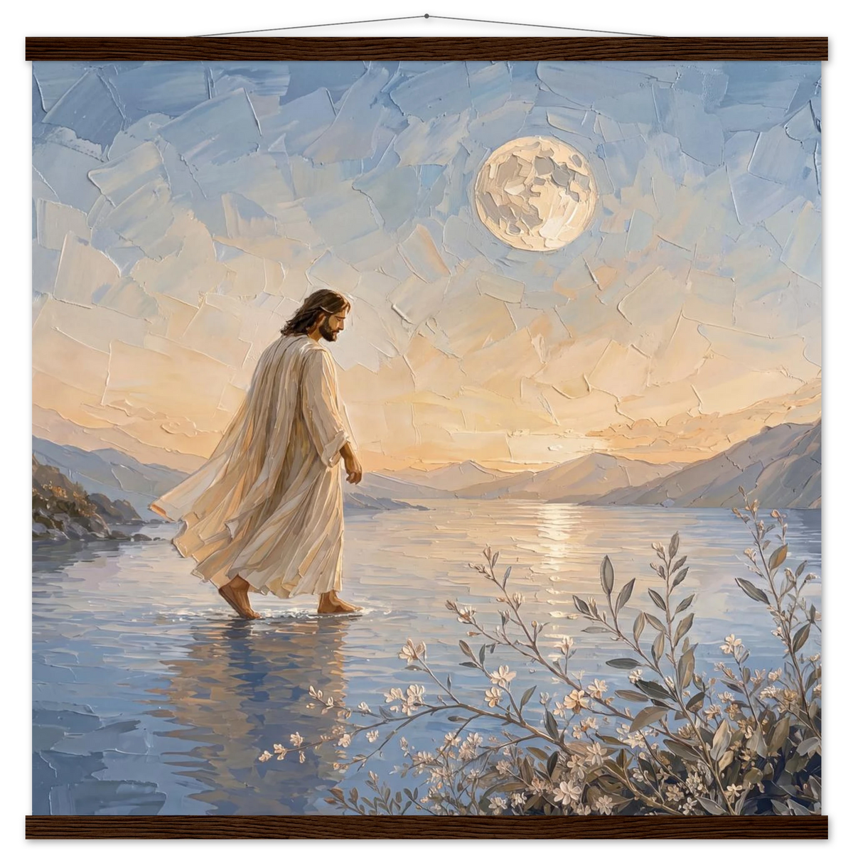 Upon the Waters: jesus, moon and night. Fine art poster with wooden hanger by The Light Stays.