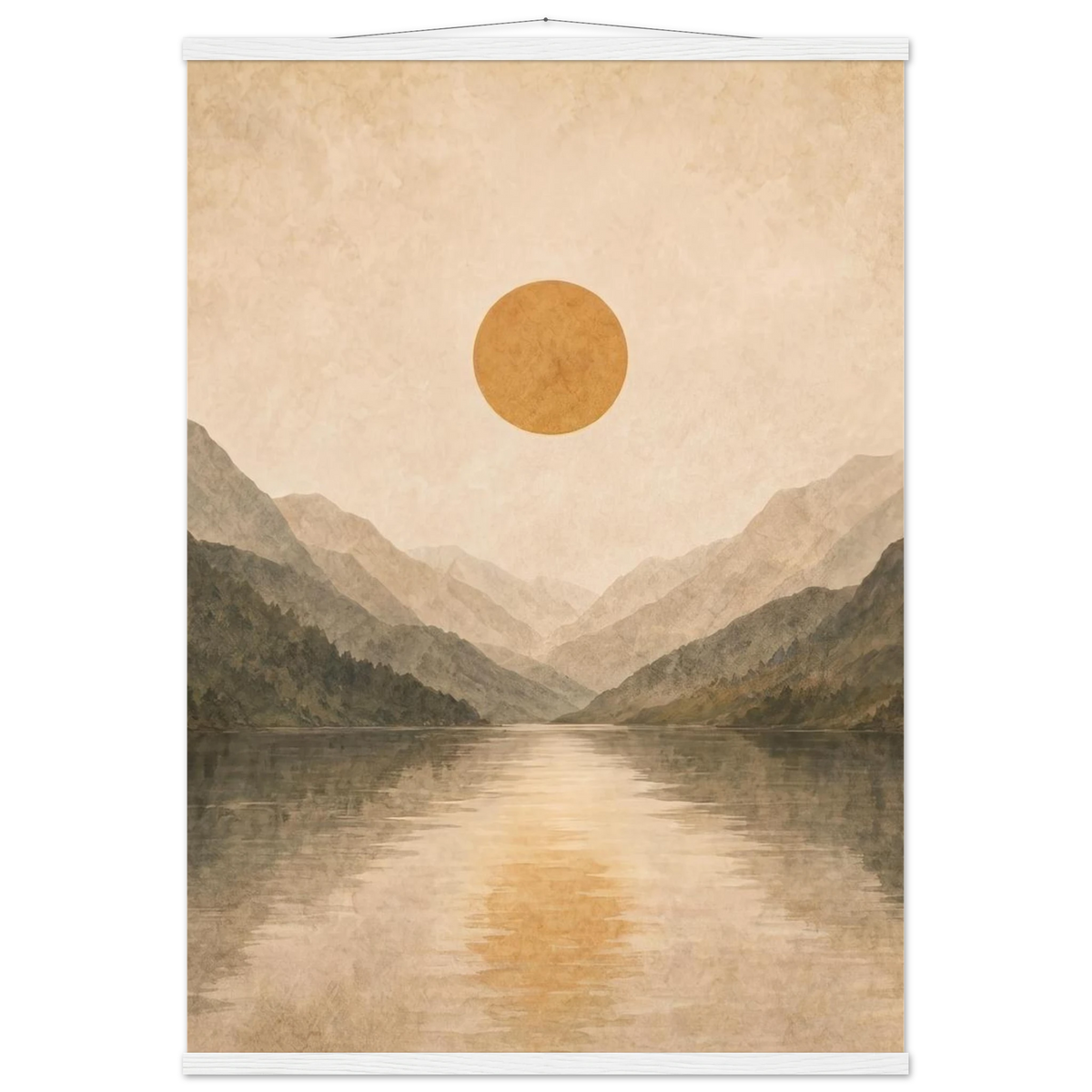 Lake Mirror: mountains, sunset and sun reflection. Fine art poster with wooden hanger by The Light Stays.