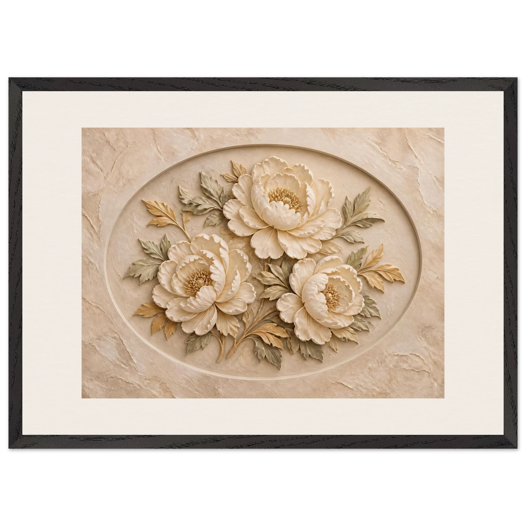Peonies in Stone: flowers and botanical. Framed fine art print, alternate frame and size.