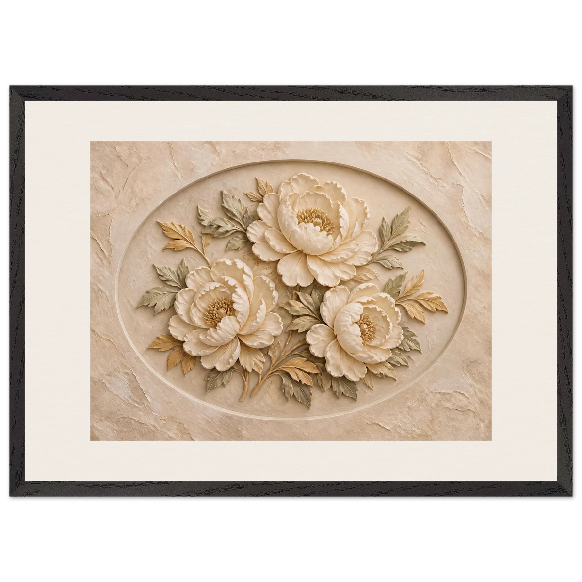 Peonies in Stone: flowers and botanical. Framed fine art print, alternate frame and size.