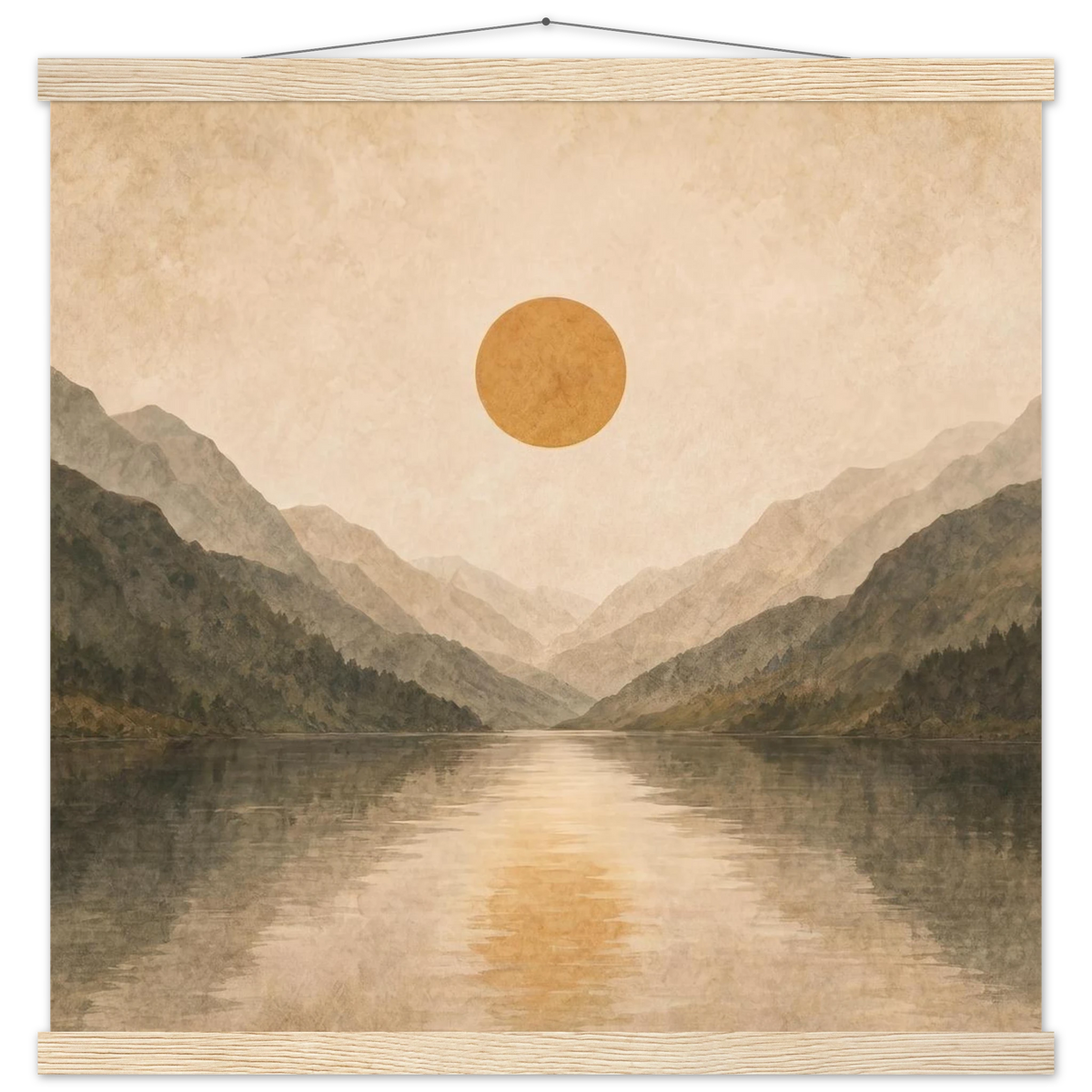 Lake Mirror: mountains, sunset and sun reflection. Fine art poster with wooden hanger by The Light Stays.