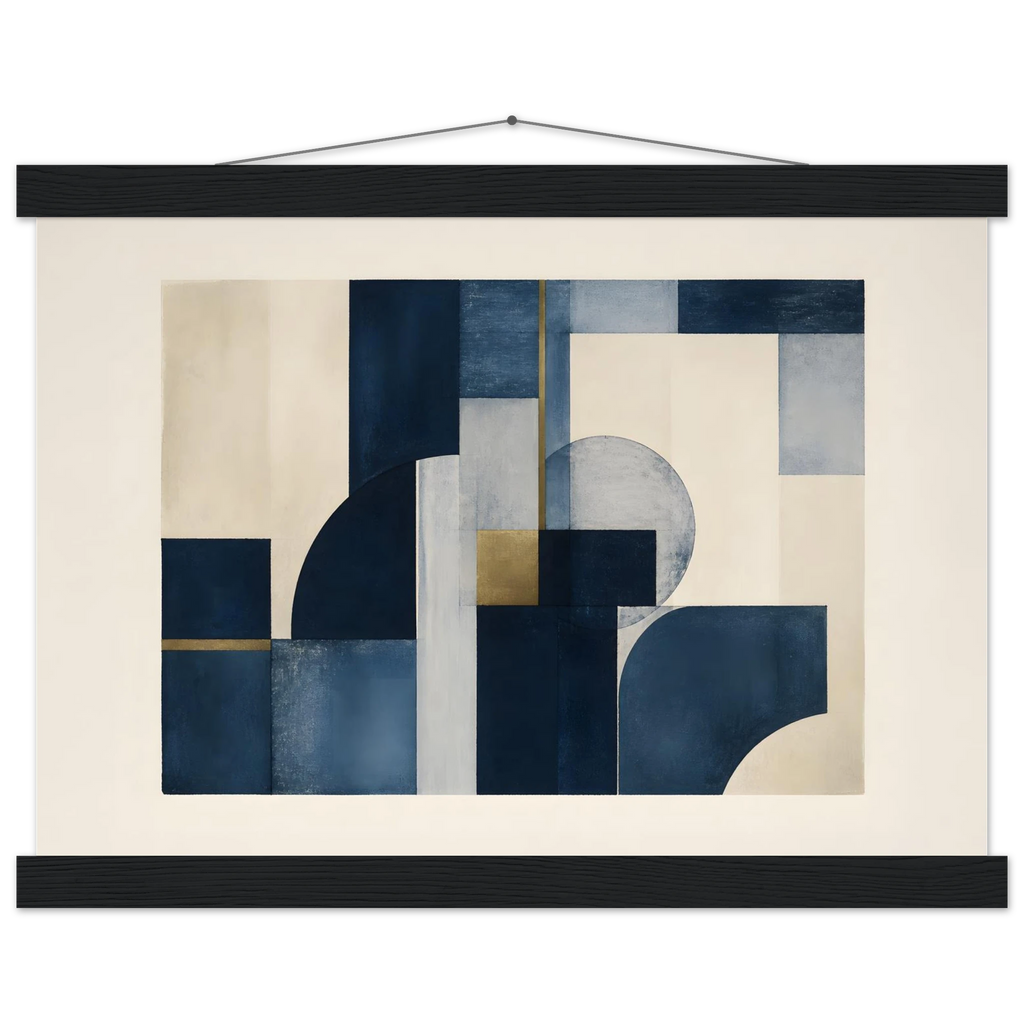 Blue Architecture, geometric abstract, blue and cream. Archival fine art poster shown framed.