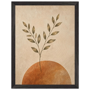 Pintura abstrata de ramo de oliveira entre anéis e formas geométricas em terracota e creme, em quadro emoldurado
