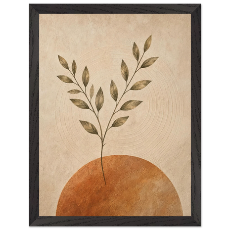 Pintura abstrata de ramo de oliveira entre anéis e formas geométricas em terracota e creme, em quadro emoldurado