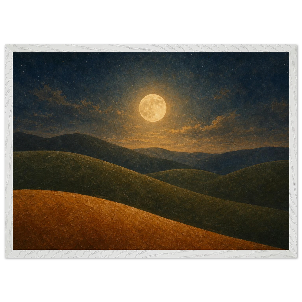 Quadro emoldurado Colinas da Lua, lua cheia sobre colinas em oliva e argila