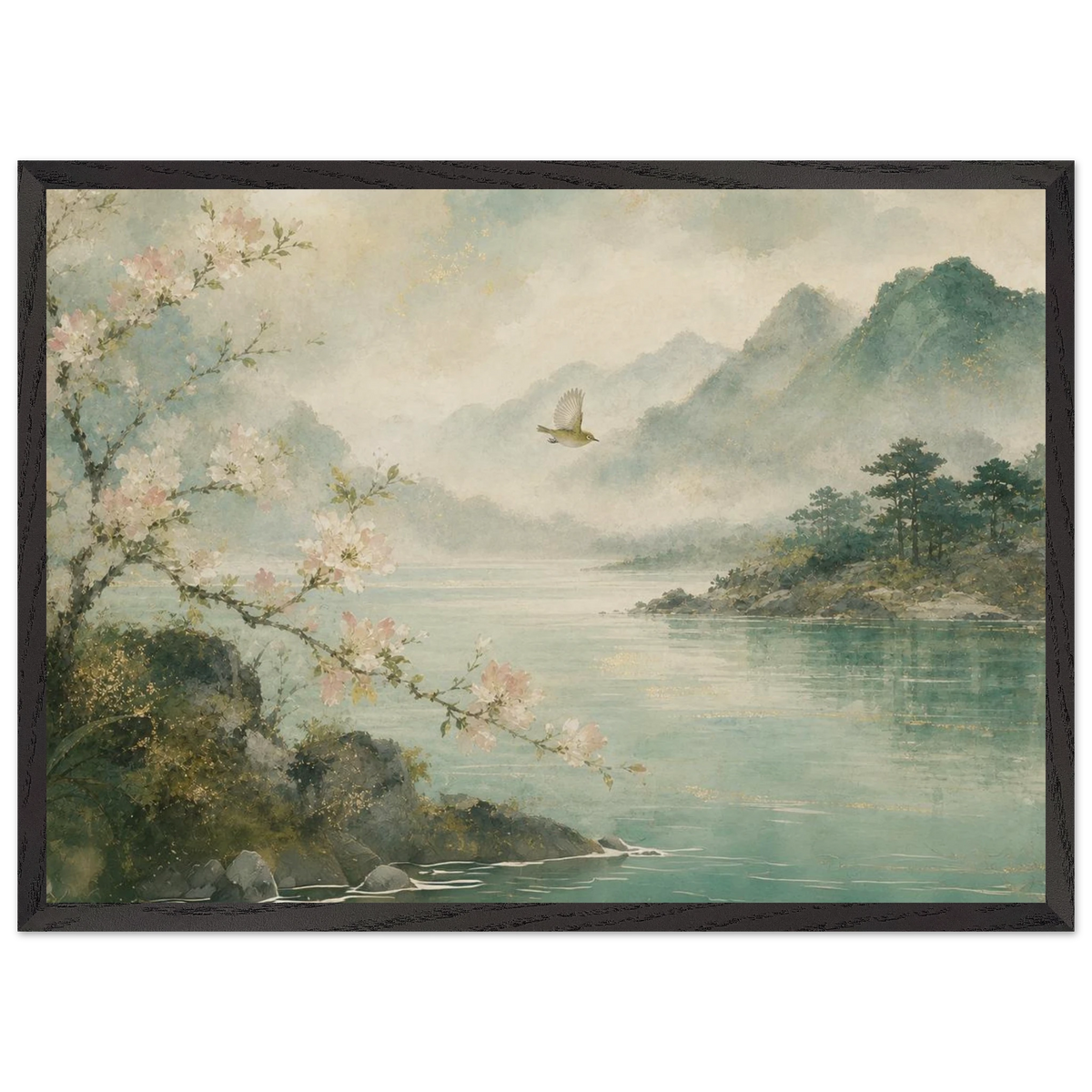 Celadon Flight: birds, japanese landscape and japandi. Framed fine art print by The Light Stays.