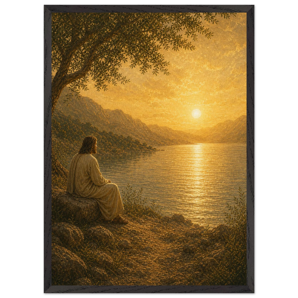 Quadro cristão Bênção do Lago, Jesus sob uma oliveira diante de um lago dourado