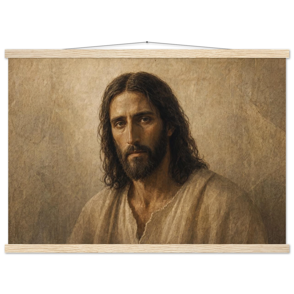 Pôster Kind Eyes com suporte de madeira, retrato sereno de Jesus em luz quente