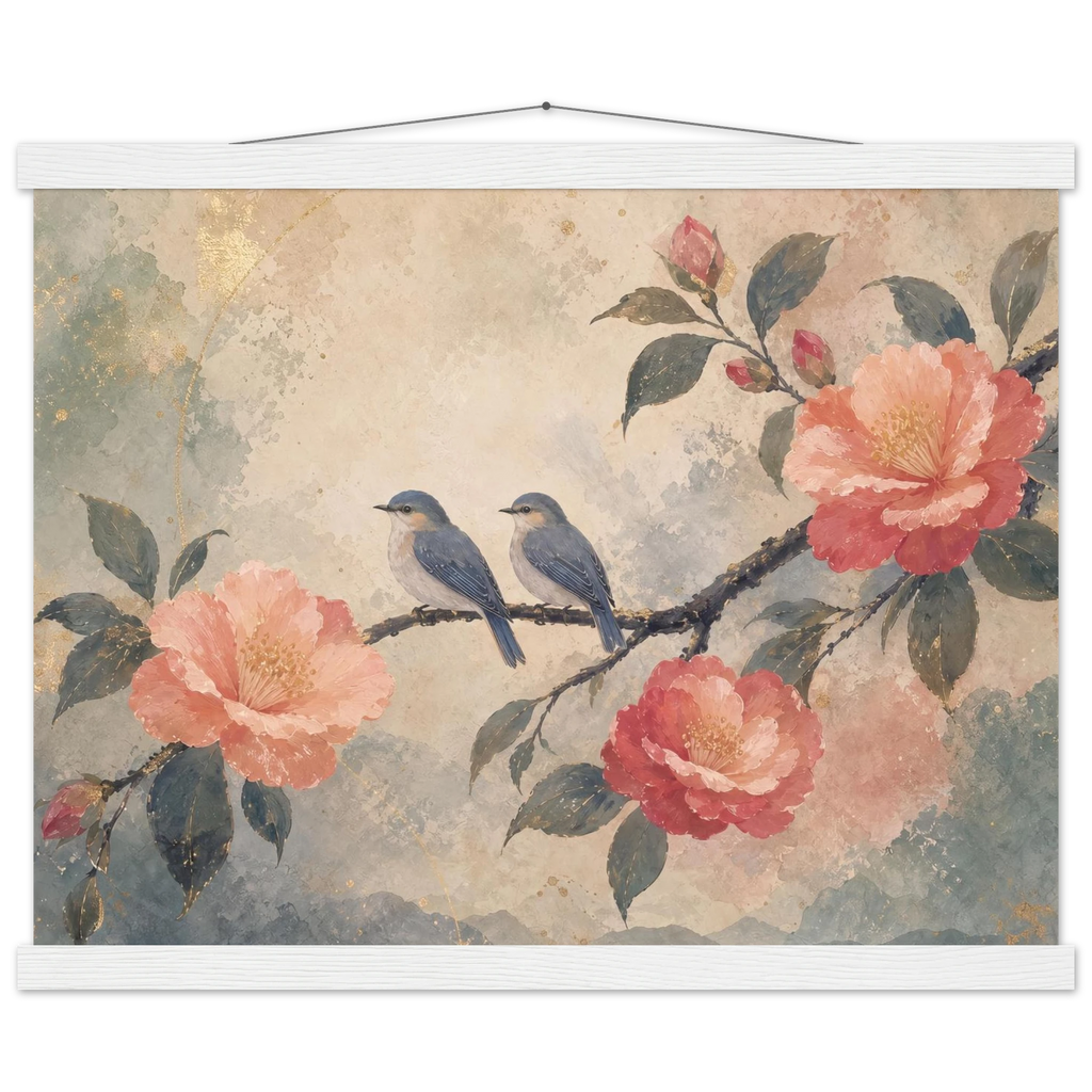 Camellia Birds, flowers and botanical. Archival fine art poster shown framed.
