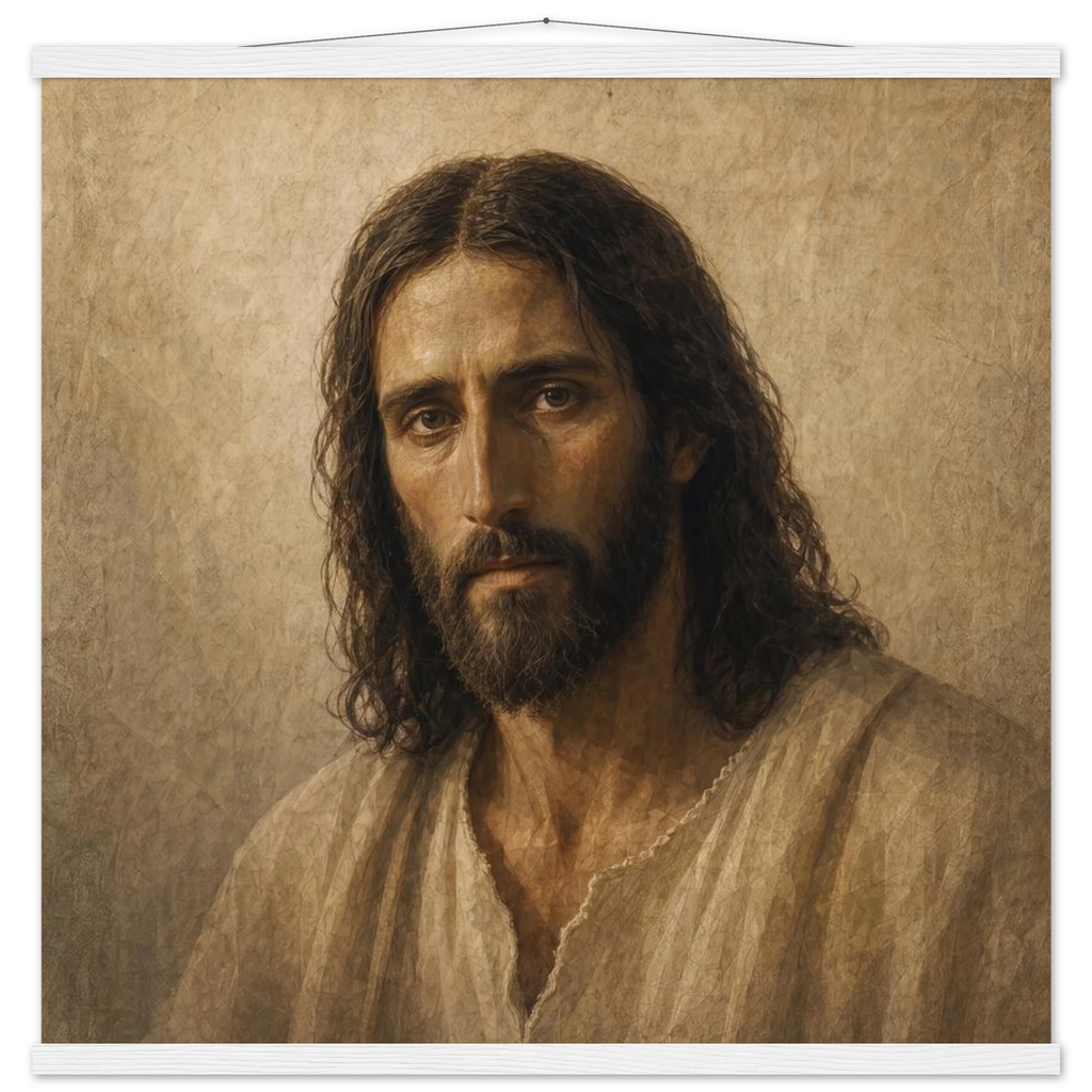 Pôster Kind Eyes com suporte de madeira, retrato sereno de Jesus em luz quente