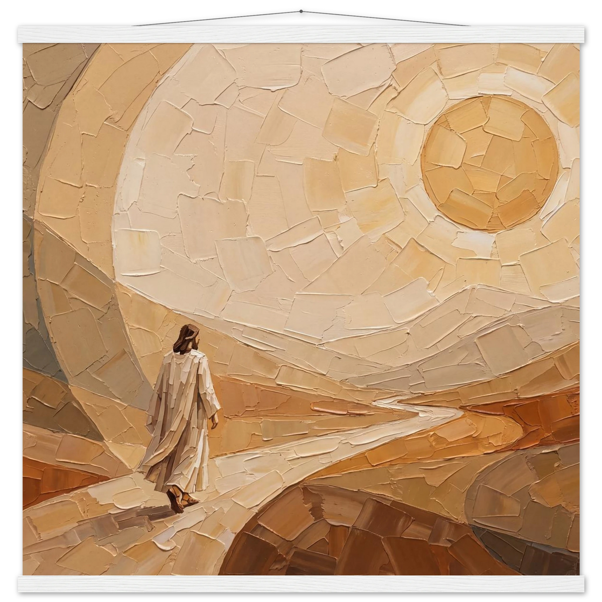 Lightfall: jesus, landscape and golden tones. Fine art poster with wooden hanger by The Light Stays.