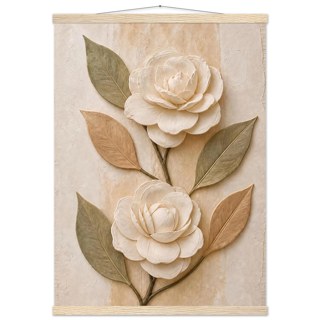 Carved Camellia, flowers and botanical. Archival fine art poster shown framed.