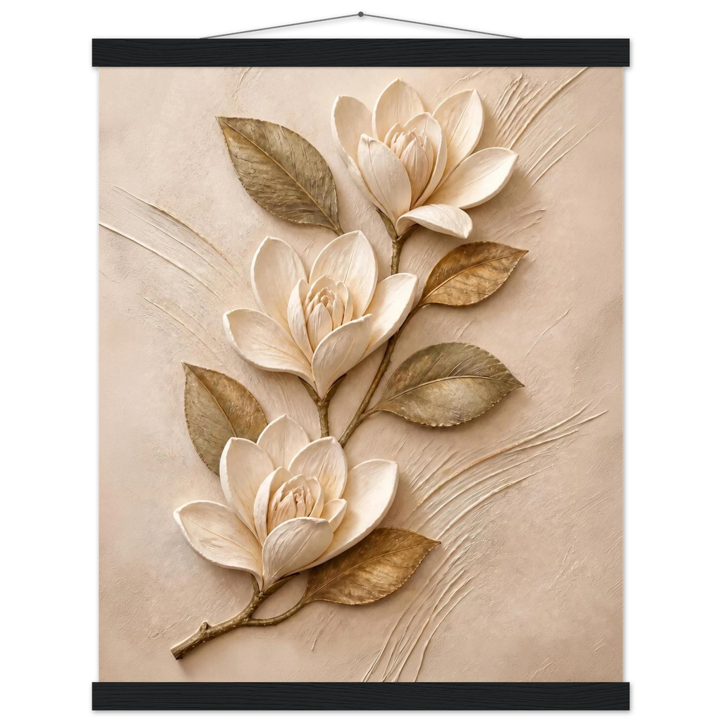 Magnolia Ascent, flowers and botanical. Archival fine art poster shown framed.