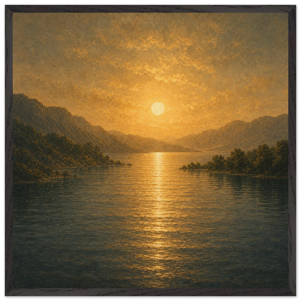Quadro emoldurado Reflexo Dourado, lago e montanhas sob luz dourada