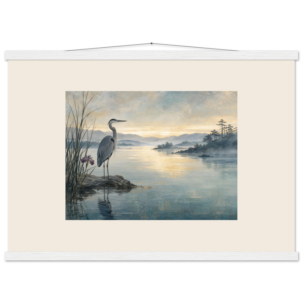 Heron at Dawn: japanese art and japandi. Fine art poster by The Light Stays.