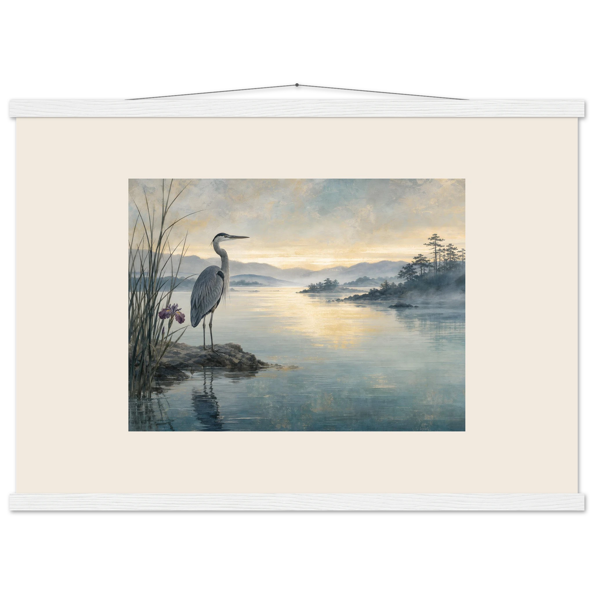 Heron at Dawn: japanese art and japandi. Fine art poster by The Light Stays.