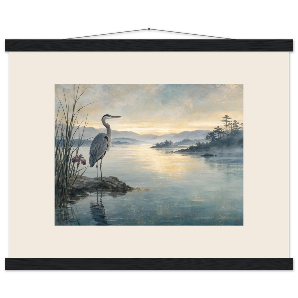 Heron at Dawn, japanese art and japandi. Archival fine art poster shown framed.