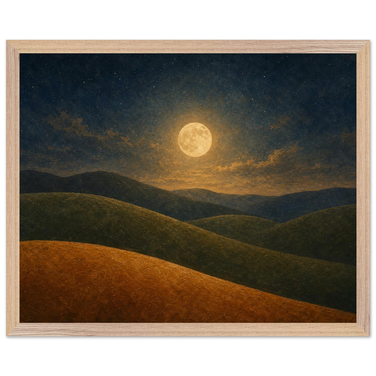 Moon Hills: night, minimalist landscape and charcoal. Framed fine art print by The Light Stays.