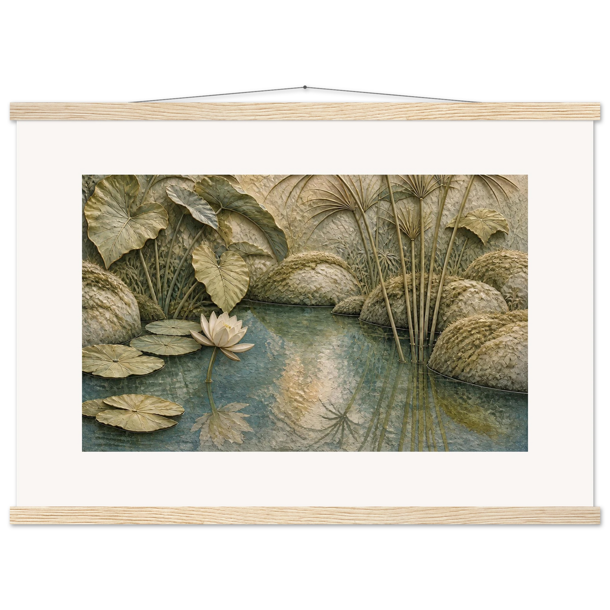 Papyrus Pond: lake, papyrus and serene greens. Fine art poster by The Light Stays.