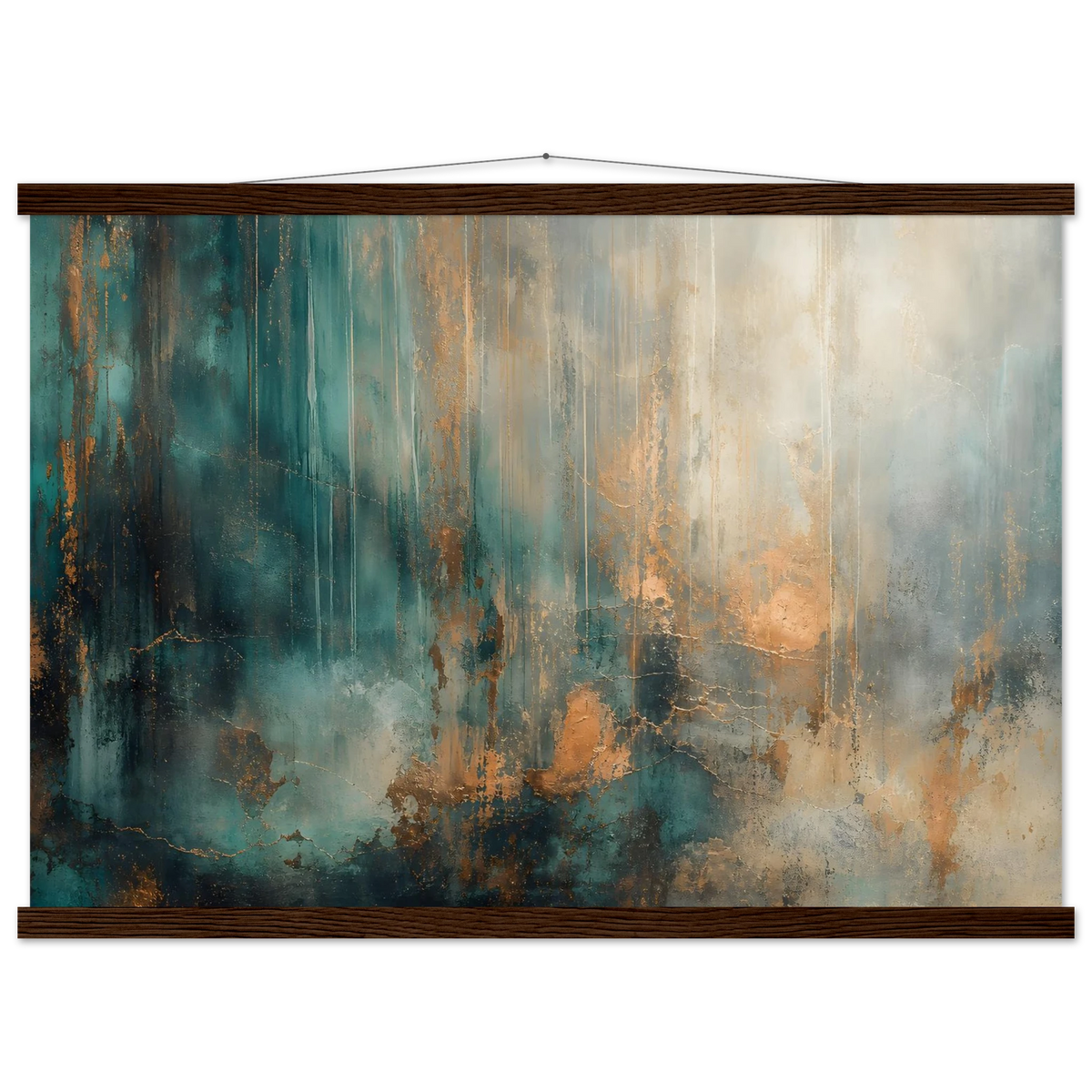 Copper Rain: abstract, texture and metallic tones. Fine art poster with wooden hanger by The Light Stays.