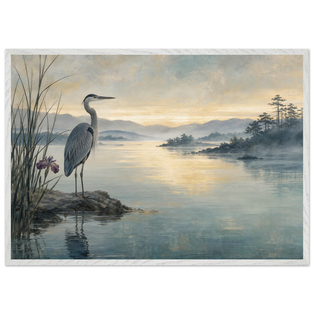 Heron at Dawn: japanese art and japandi. Framed fine art print, alternate frame and size.