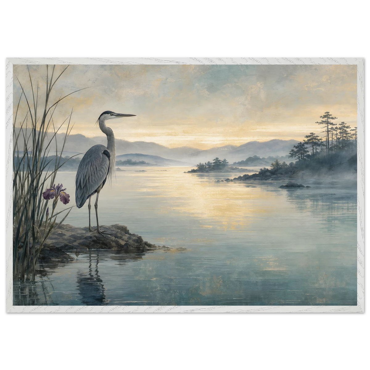 Heron at Dawn: japanese art and japandi. Framed fine art print, alternate frame and size.