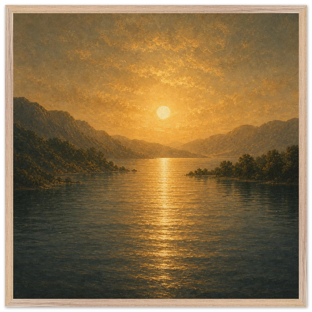 Quadro emoldurado Reflexo Dourado, lago e montanhas sob luz dourada