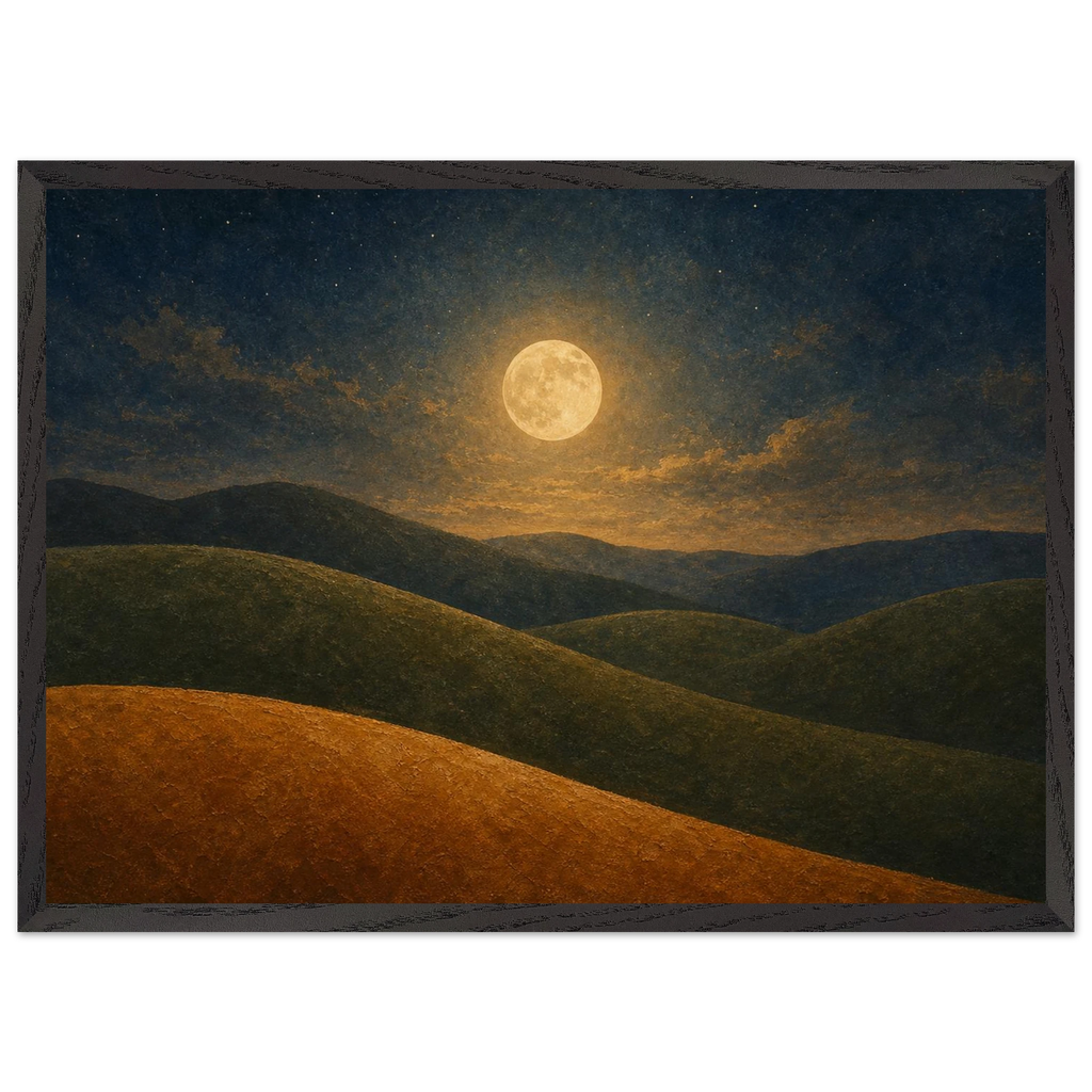 Quadro emoldurado Colinas da Lua, lua cheia sobre colinas em oliva e argila