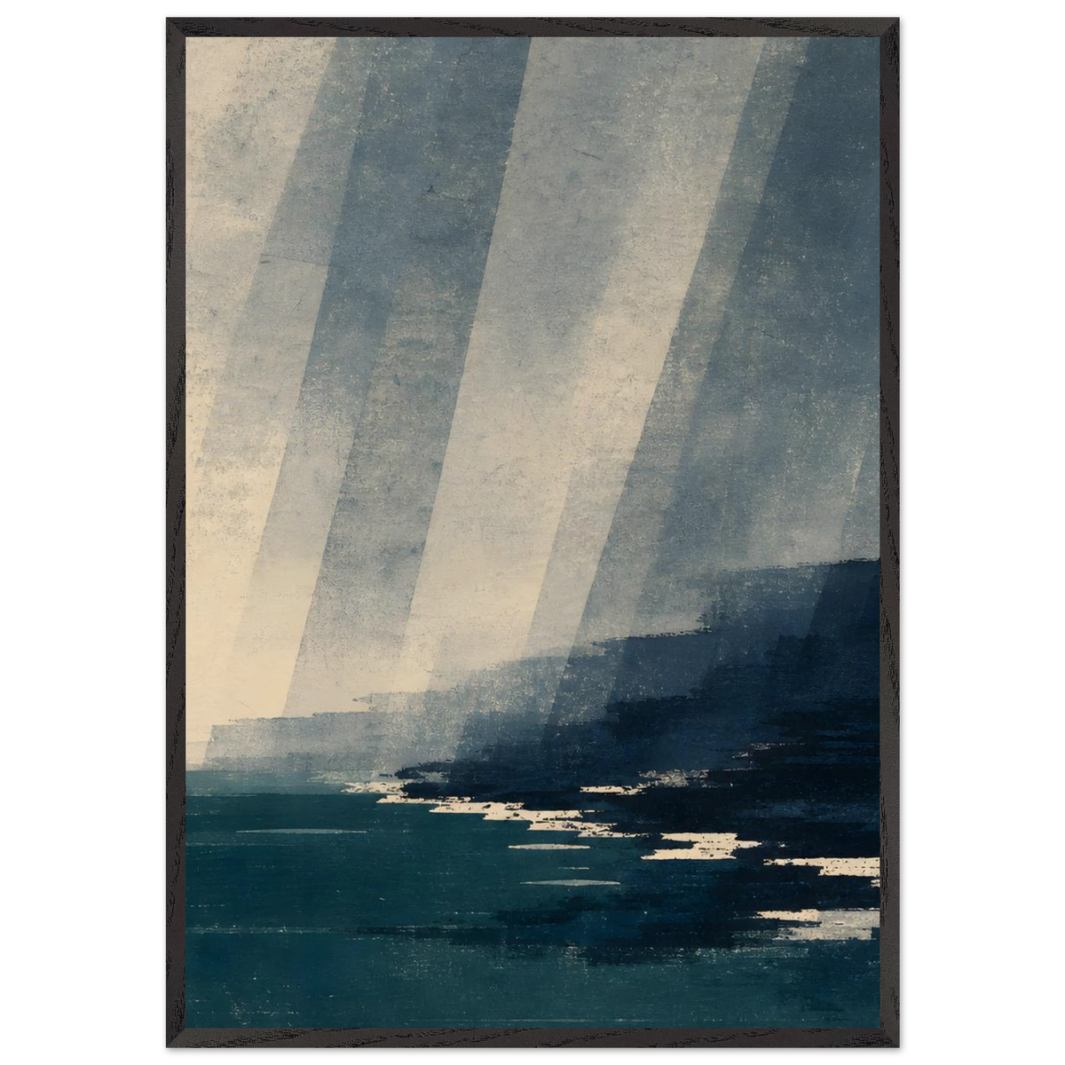 Rain Coast: japandi, teal blue and atmosphere. Framed fine art print by The Light Stays.