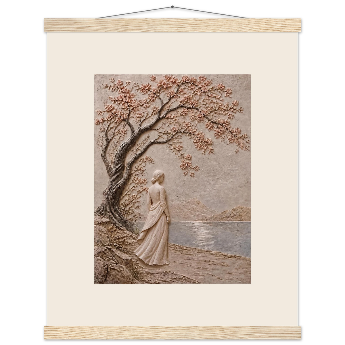Spring Walk, impasto, lake and blossoming tree. Archival fine art poster shown framed.